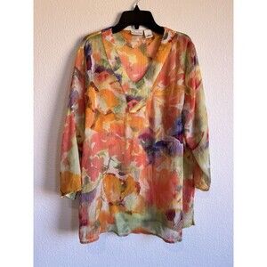 Kim Rogers Petite Women's Colorful Floral V Neck Blouse Sheer 3/4 Sleeve 10P